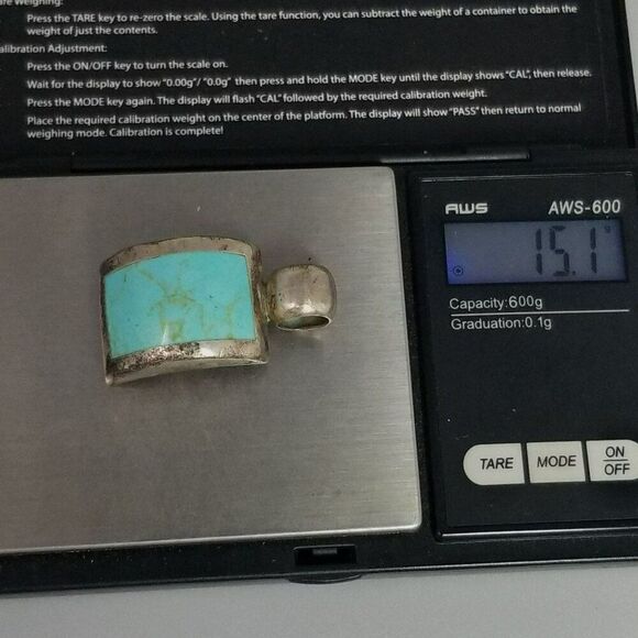 Vintage Mexican Sterling Silver Blue Turquoise Pendant, Curved Shape, Mexico - Picture 6 of 8